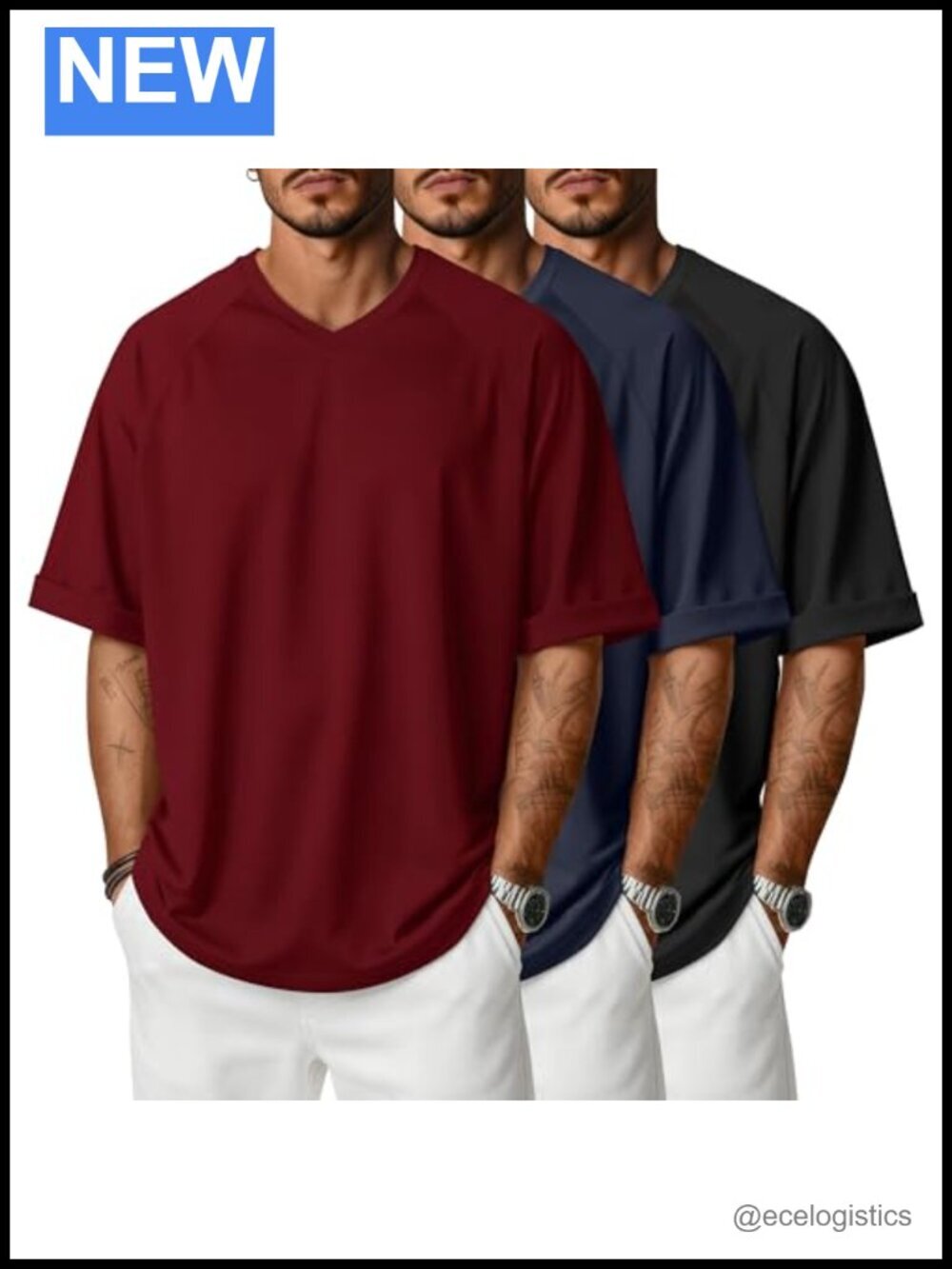 3 Pack Men's Oversized T-Shirts Baggy Half Short Sleeve V Neck Rolled Sleeve